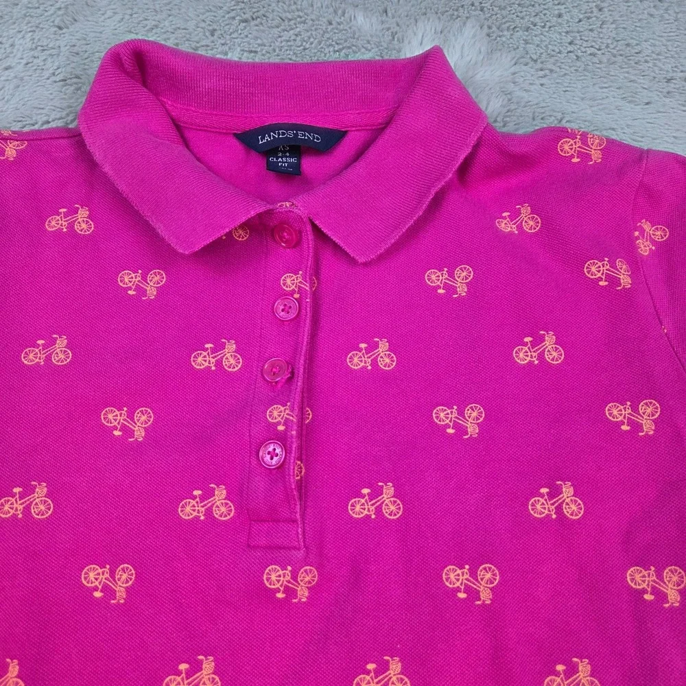 Lands End Polo Shirt Womens XS Bicycle Print Classic Fit Pique Knit Pink Magenta